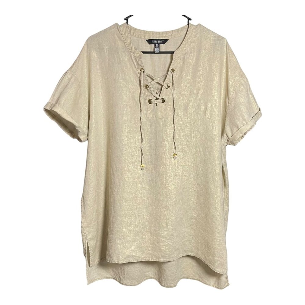 Ellen Tracy Beige Linen Lace-Up Tunic Top XL – Casual Relaxed Fit Blouse